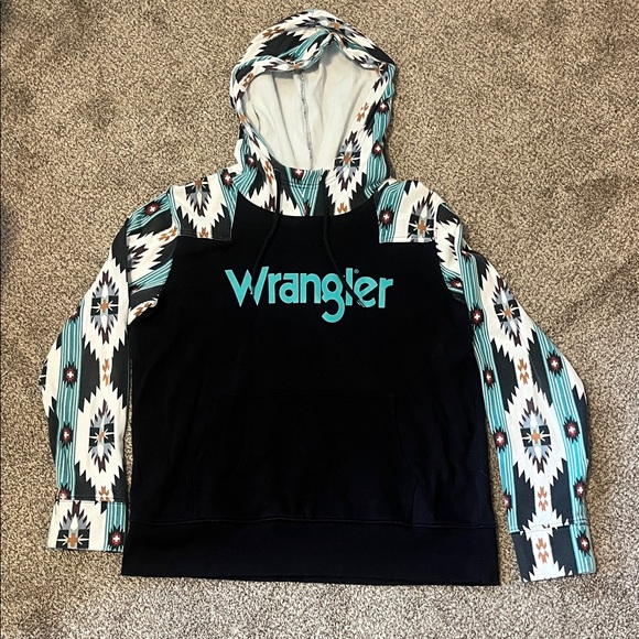 Wrangler Sweaters - Wrangler Black and Teal Patterned Hoodie